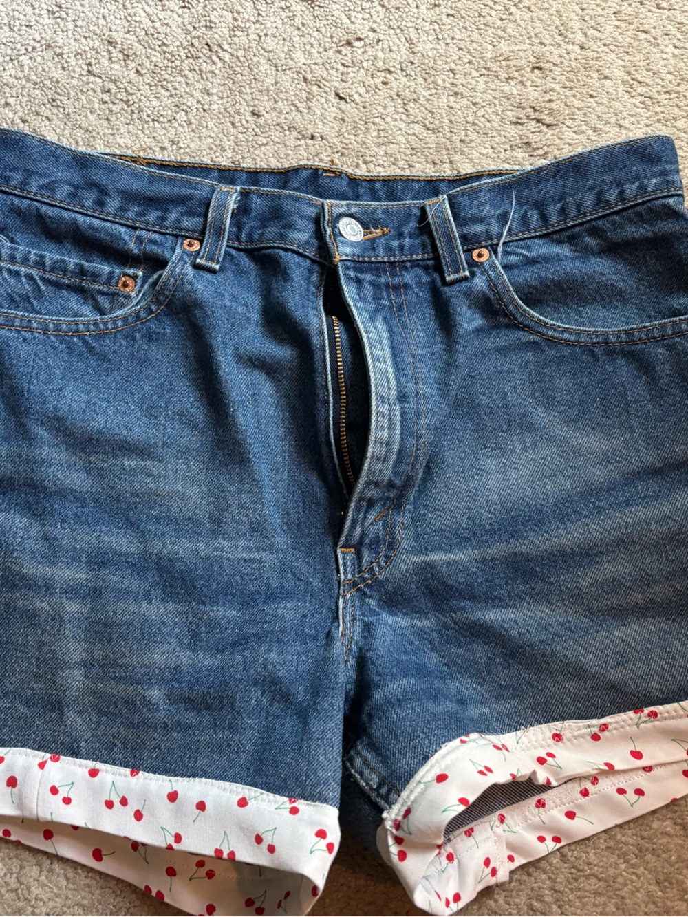 Classic Blue Denim Women’s Shorts with Cherry Trim